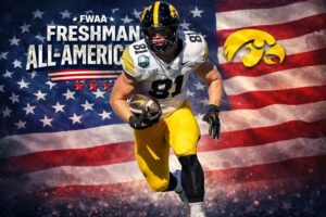 Iowa TE DJ Vonnahme FWAA Freshman All-America team celebration
